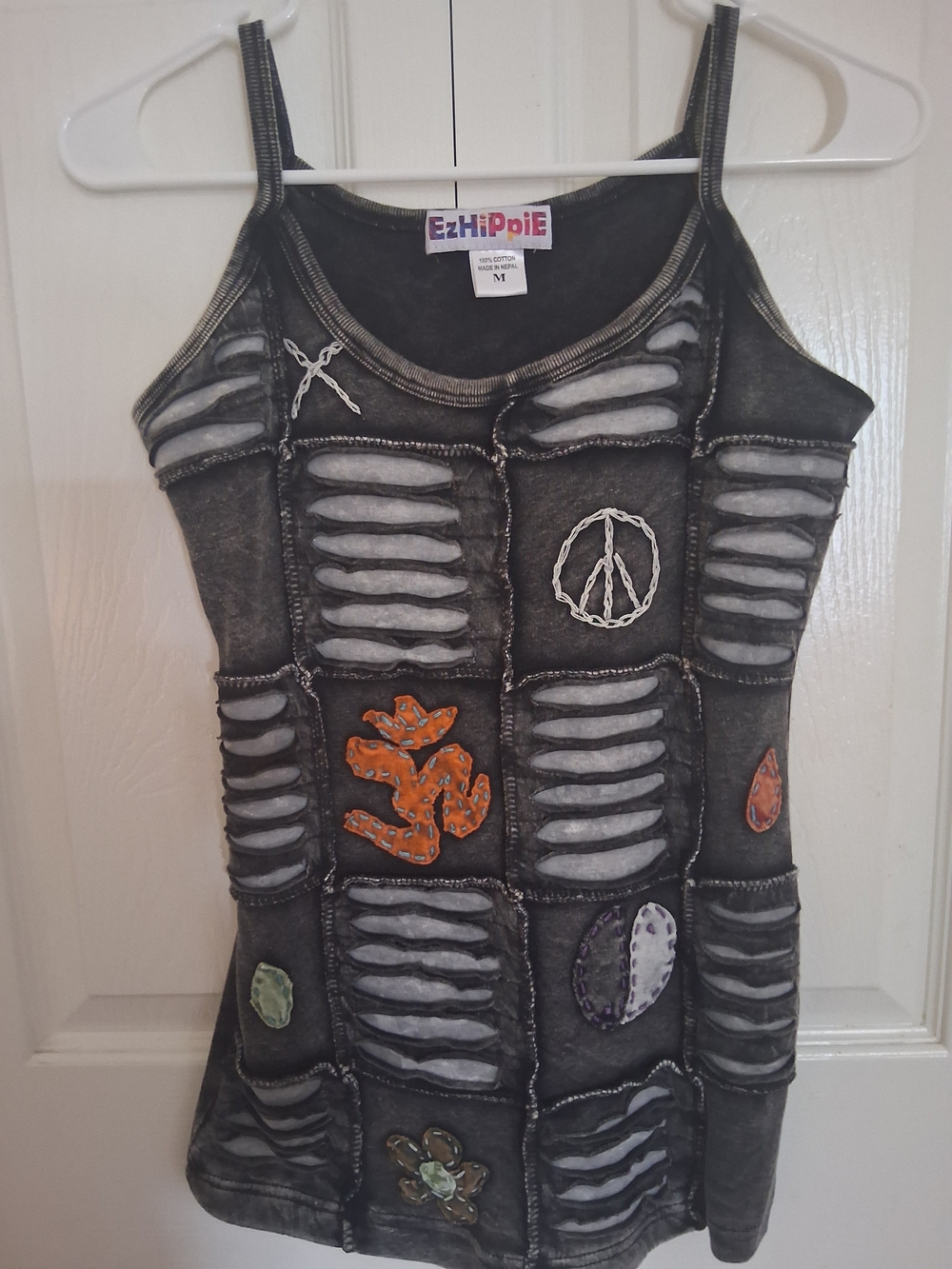 Black Distressed Women's Tank Top with Patch Accents